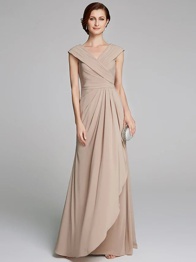 Wholesale Sheath / Column Mother of the Bride Dress Elegant V Neck Floor Length Jersey Short Sleeve with Pleats